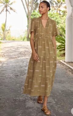 Wrap London Women’s Cotton jacquard Tiered Dress size 4 Khaki Boho Fall